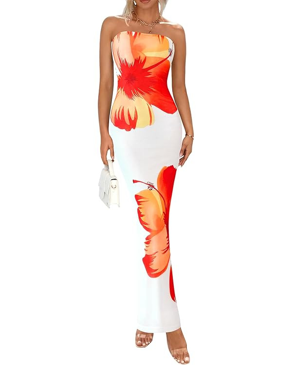 PRETTYGARDEN Strapless Bodycon Summer Dresses for Women 2025 Floral Mesh Tube Top Long Party Cock... | Amazon (US)