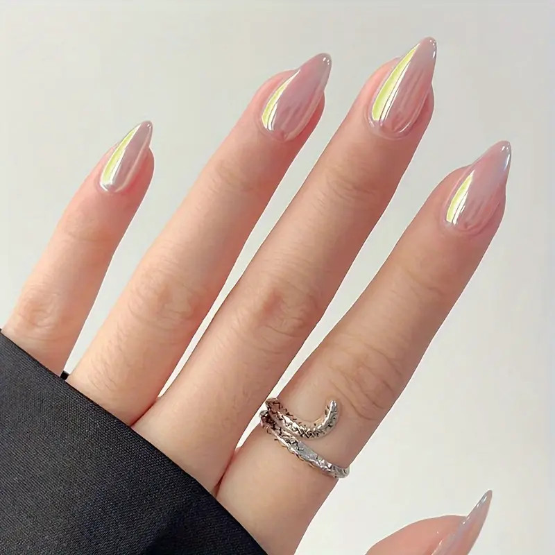 Glossy Short Almond   Nails Aurora Chrome Press Nails - Temu | Temu Affiliate Program