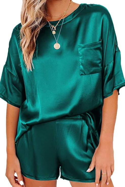 Ekouaer Satin Pajamas for Women Short Sleeve Silk Pajama Sets Soft Sleepwear Top with Causal Pj S... | Amazon (US)