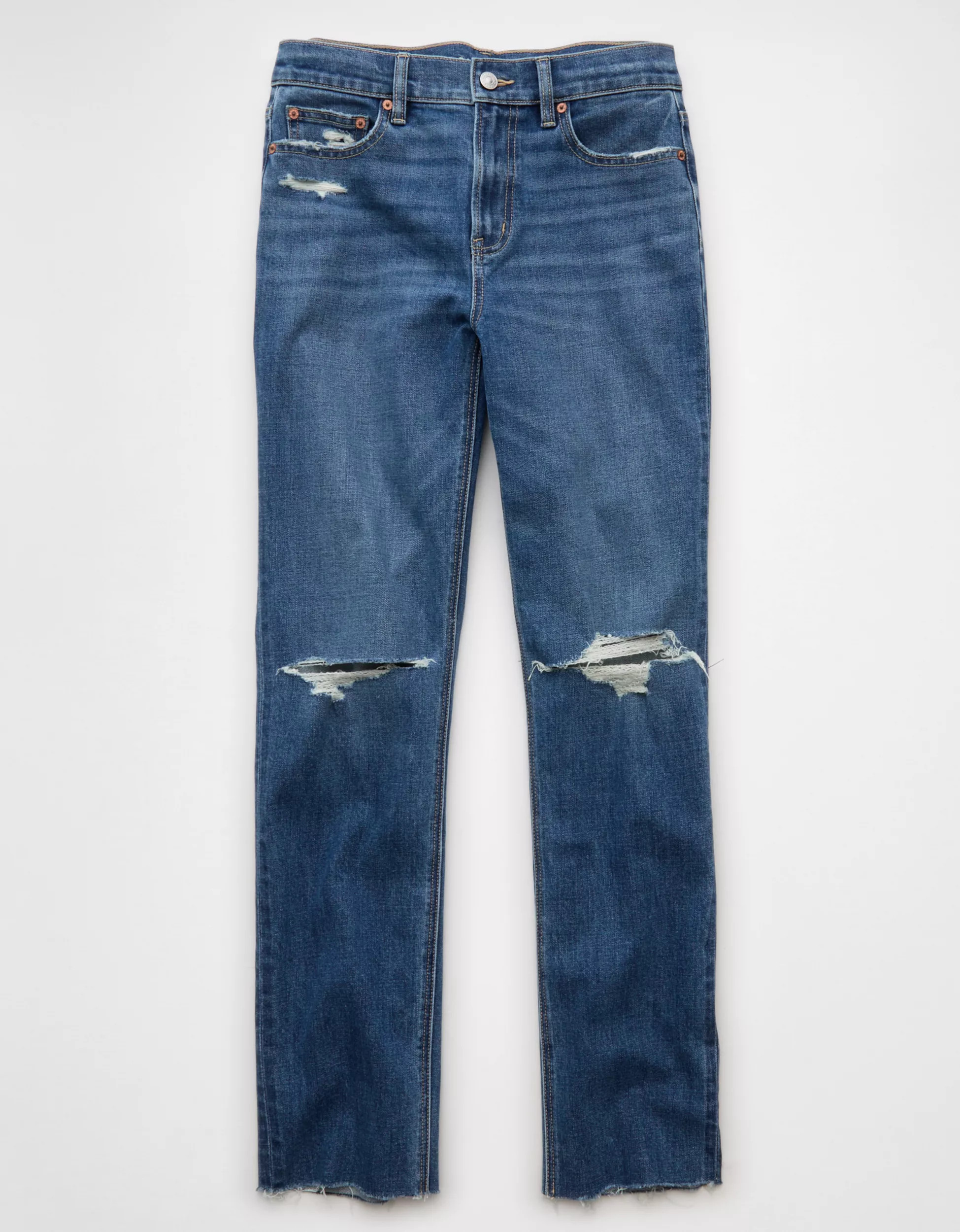 AE Stretch Ripped Super High-Waisted Straight Jean | American Eagle Outfitters (US & CA)