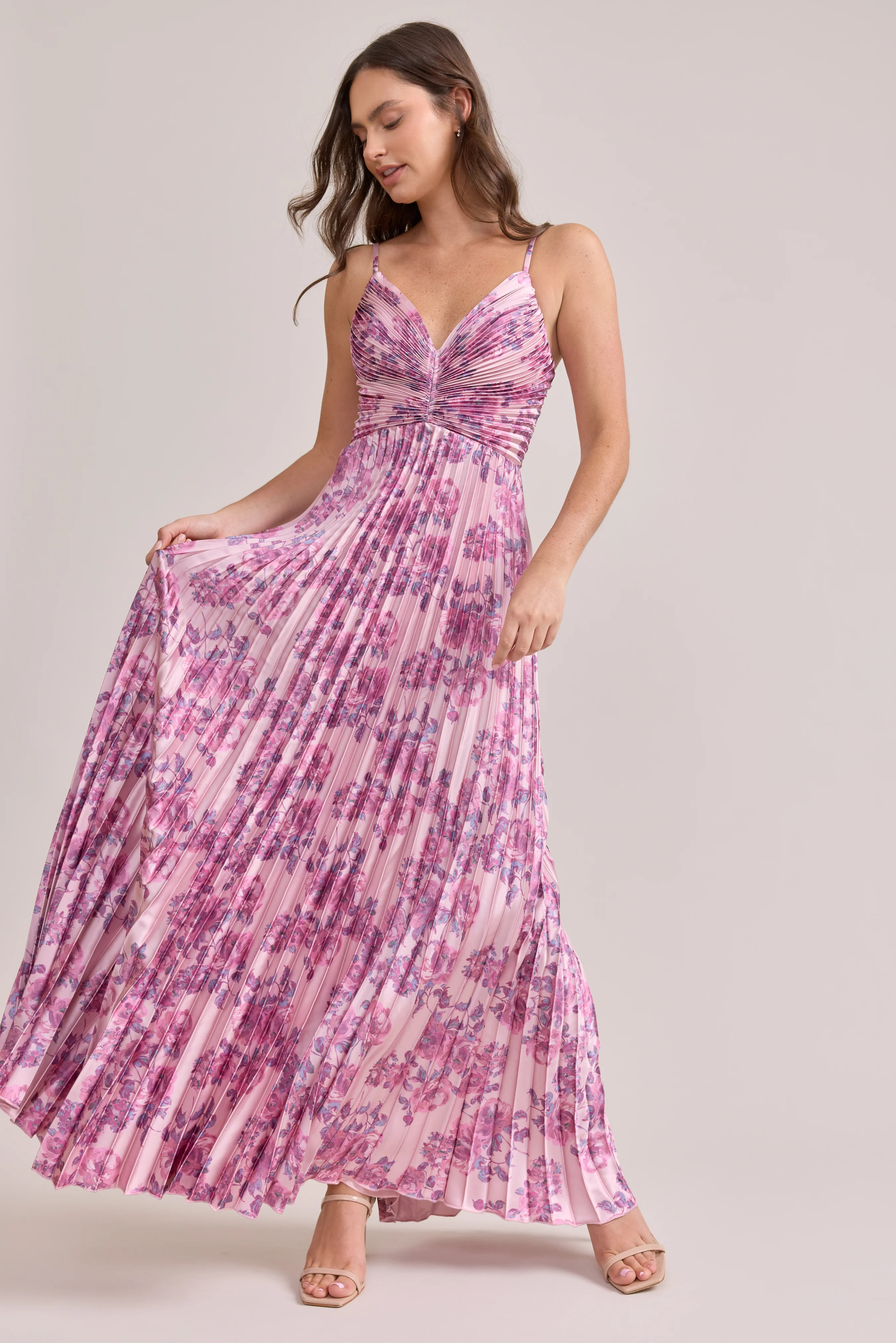 Vivian Satin Pleated Floral Print Dress | Revelry