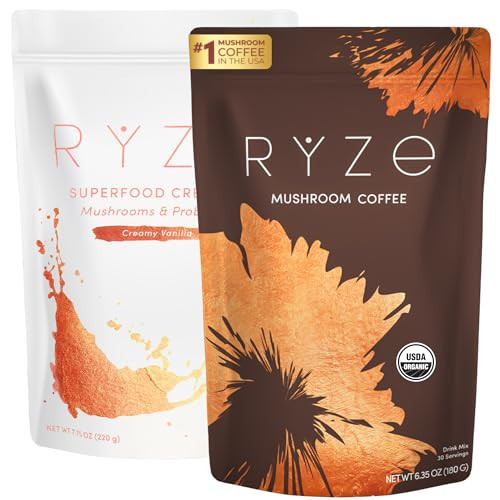 RYZE n Shine Bundle, USDA Organic RYZE Mushroom Coffee + Probiotic Coffee Creamer with 6 Adaptogenic Mushrooms and MCT Oil or Better Energy, Focus, Digestion, Immunity with Turkey Tail, 60 servings | Amazon (US)
