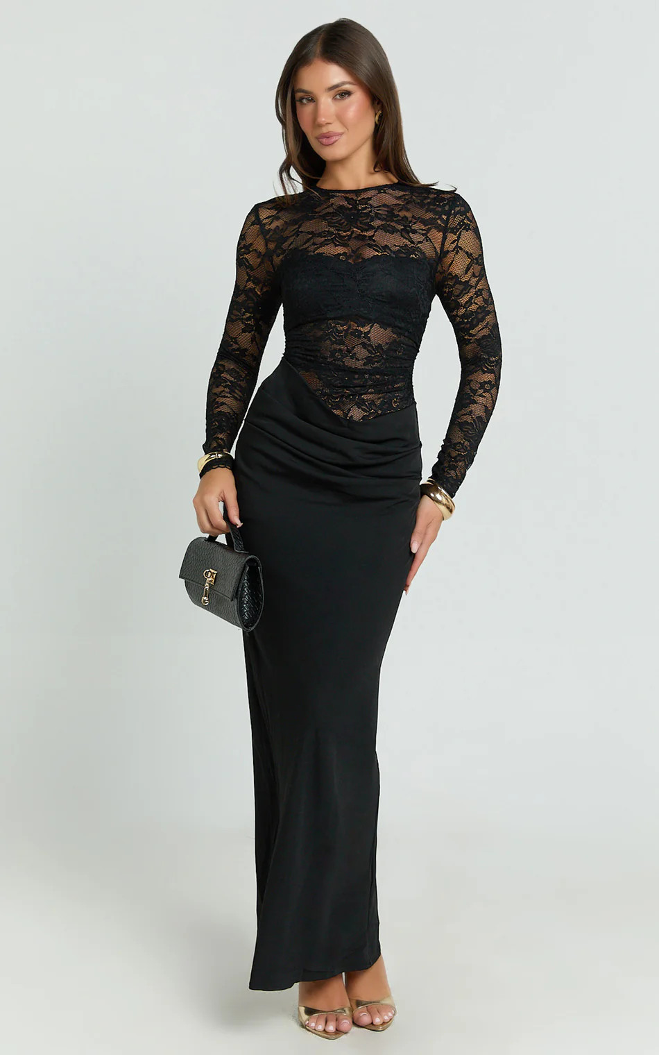 Crisanta Maxi Dress - Long Sleeve Contrast Lace Bodycon Dress in Black | Showpo (US, UK & Europe)
