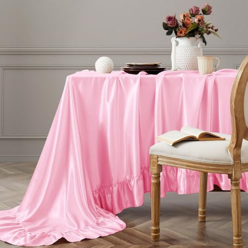 Vonty Ruffle Tablecloth Pink Satin Tablecloth - 60" x 120", Silky Table Cloth Rectangle Scalloped Table Cloth Farmhouse Tables Cover Silk Tablecloths Vintage Tables Skirt for Kitchen Dining | Amazon (US)