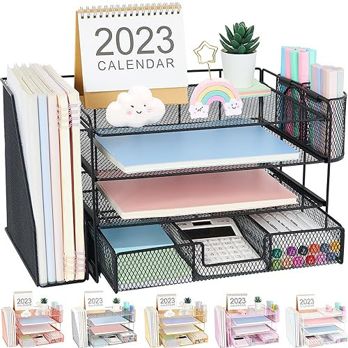 OPNICE Desk Organizer and Accessories, 4-Tier Desktop File Organizer with Drawer and 2 Pen Holders, Office Desk Accessories for Office Supplies(Black) | Amazon (US)