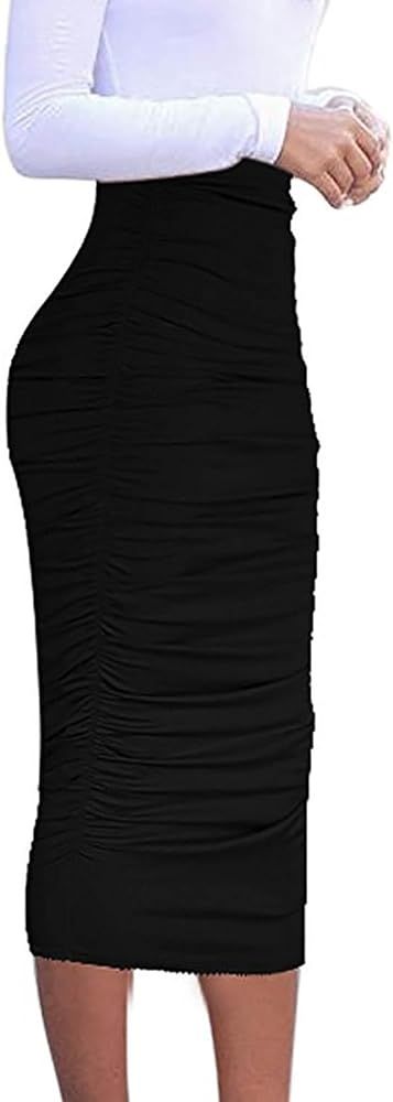 Women's USA Ruched Frill Ruffle High Waist Pencil Mid-Calf Skirt | Amazon (US)