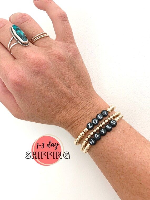 14K Gold Filled 4mm or 5mm Personalized Beaded Name Bracelet | Black Letter Beads |  Initials Bra... | Etsy (US)
