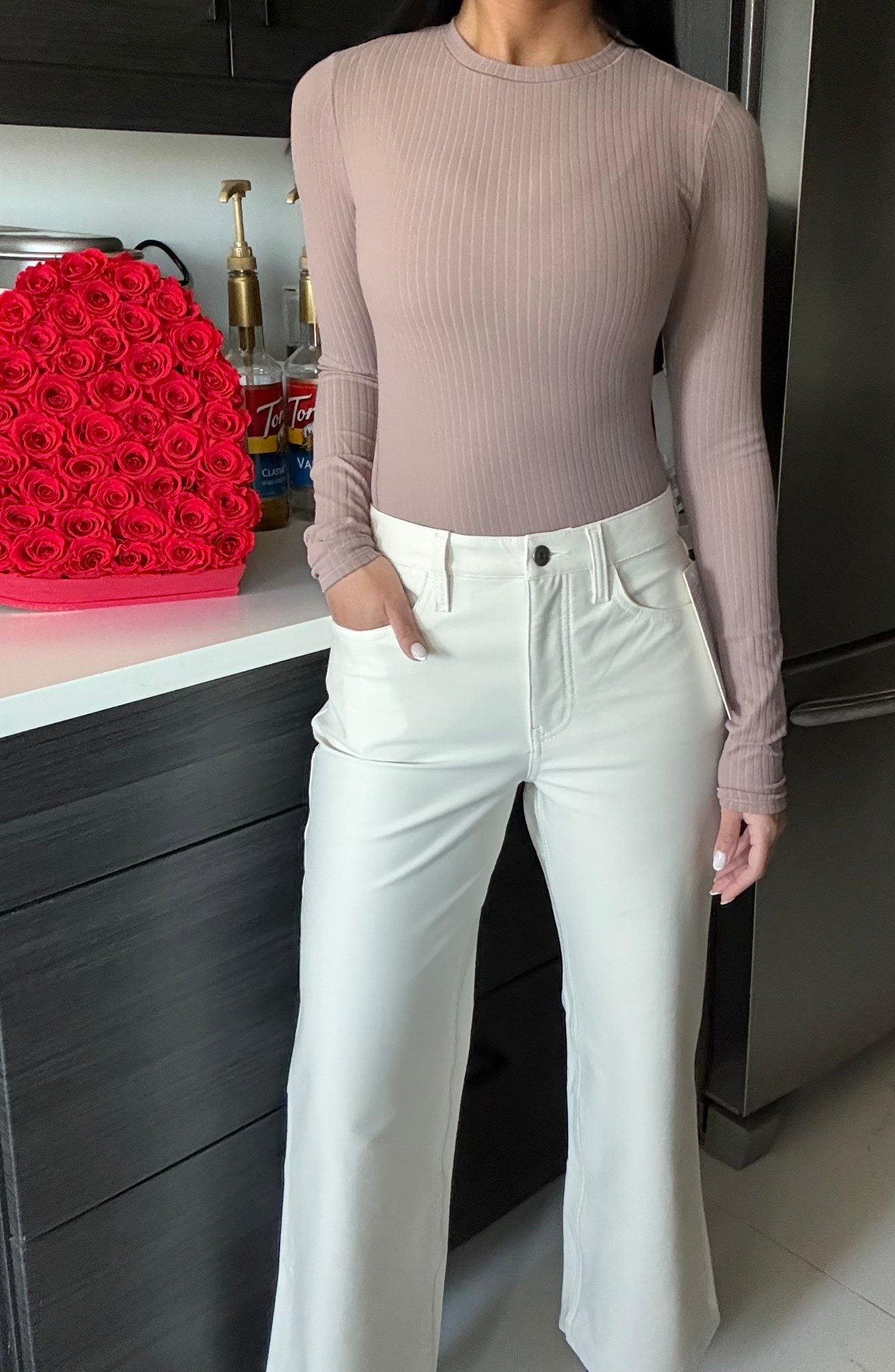 a lululemon outfit ! 🤍 

wundermost long sleeve ribbed shirt, ashen rose, easyfive flared low rise pant, light ivory,  lounge, athleisure. 