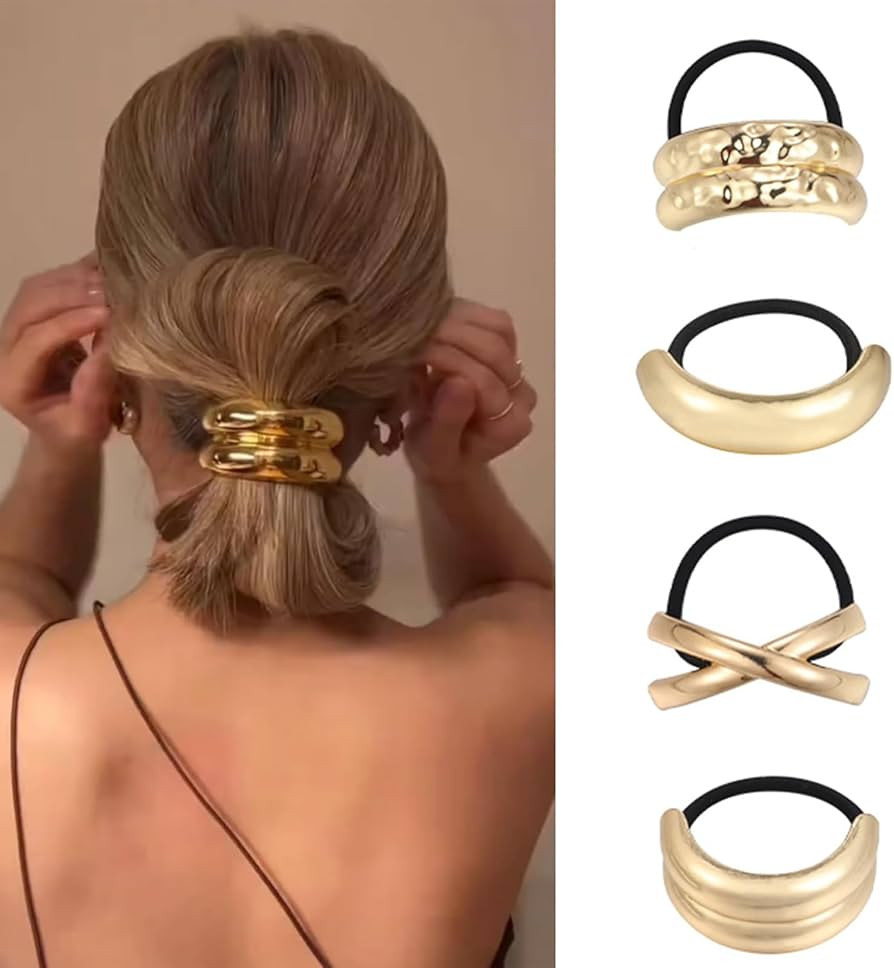 Metal Hair Ties, 4Pcs Gold Metal Geometric Elastic Hair Ties, Hair Cuff Wrap Hair Ties for Thick ... | Amazon (US)