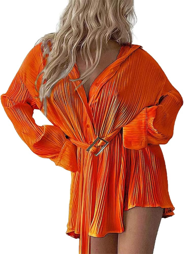 ABYOVRT Women Shirt Dresses Long Sleeve Pleated Mini Dress Casual Button Down Tunic Tops with Bel... | Amazon (US)