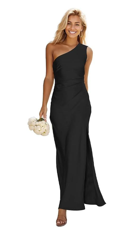 One Shoulder Bridesmaids Dresses Long Satin Mermaid Prom Dress Pleated Formal Party Dress with Sl... | Amazon (US)