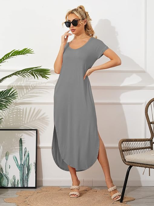 Yousify Women's Casual Summer Maxi Dress Short Sleeve V Neck Empire Waist Loose Split Beach Long ... | Amazon (US)