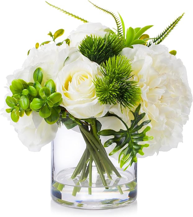 ENOVA FLORAL Artificial Rose Flowers in Vase, Mixed White Rose and Silk Peonies in Vase with Faux... | Amazon (US)