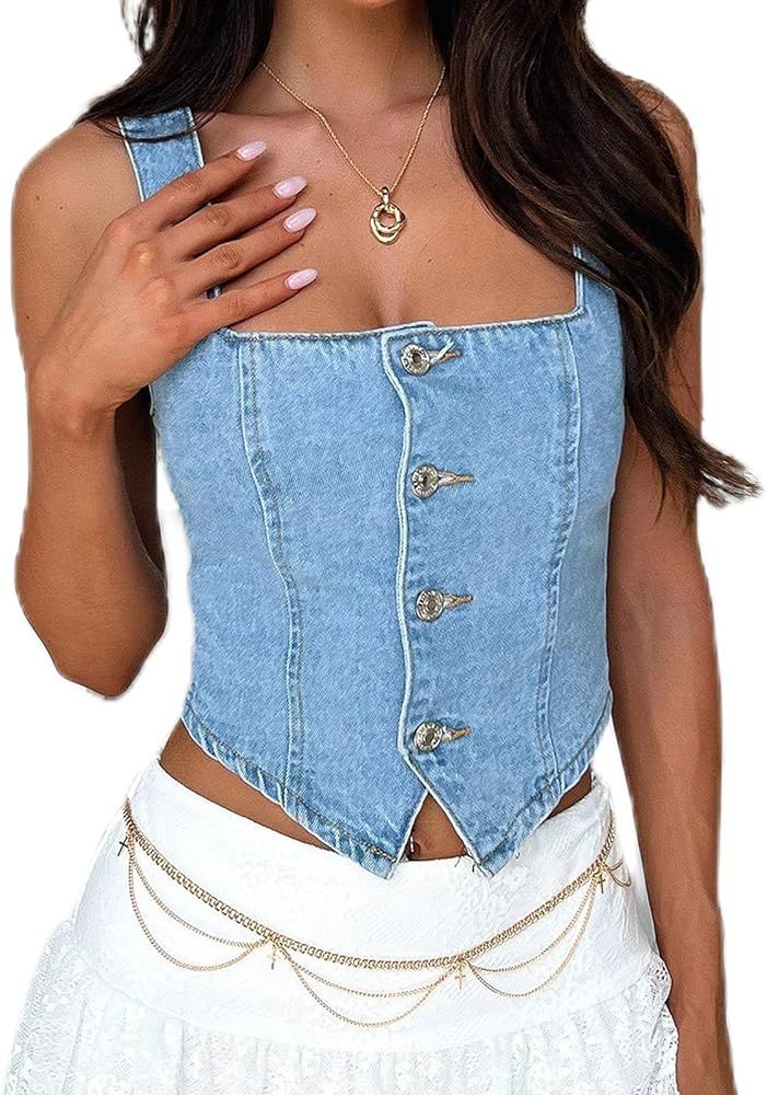 Women Vintage Denim Vest Y2K Tank Corset Top Sleeveless Square Neck Open Front Button Jean Vests Summer Crop Tops | Amazon (US)