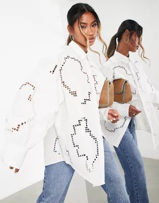 ASOS EDITION oversized shirt with geo cutwork in ivory | ASOS (Global)