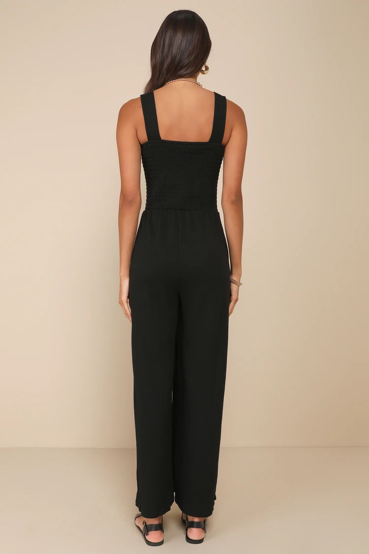 Social Calendar Black Ribbed Knit Wide-Leg Jumpsuit | Lulus