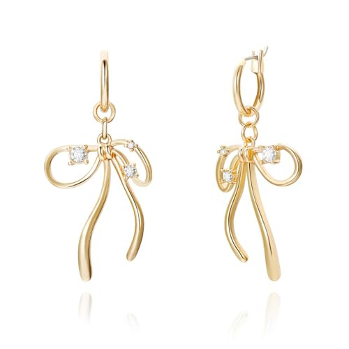 DoreenBox Gold Bow Dangle Earrings for Women 14K Gold Rhinestone Ribbon Bowknot Drop Hoop Earrings Wedding Prom Party Fashion Gift | Amazon (US)