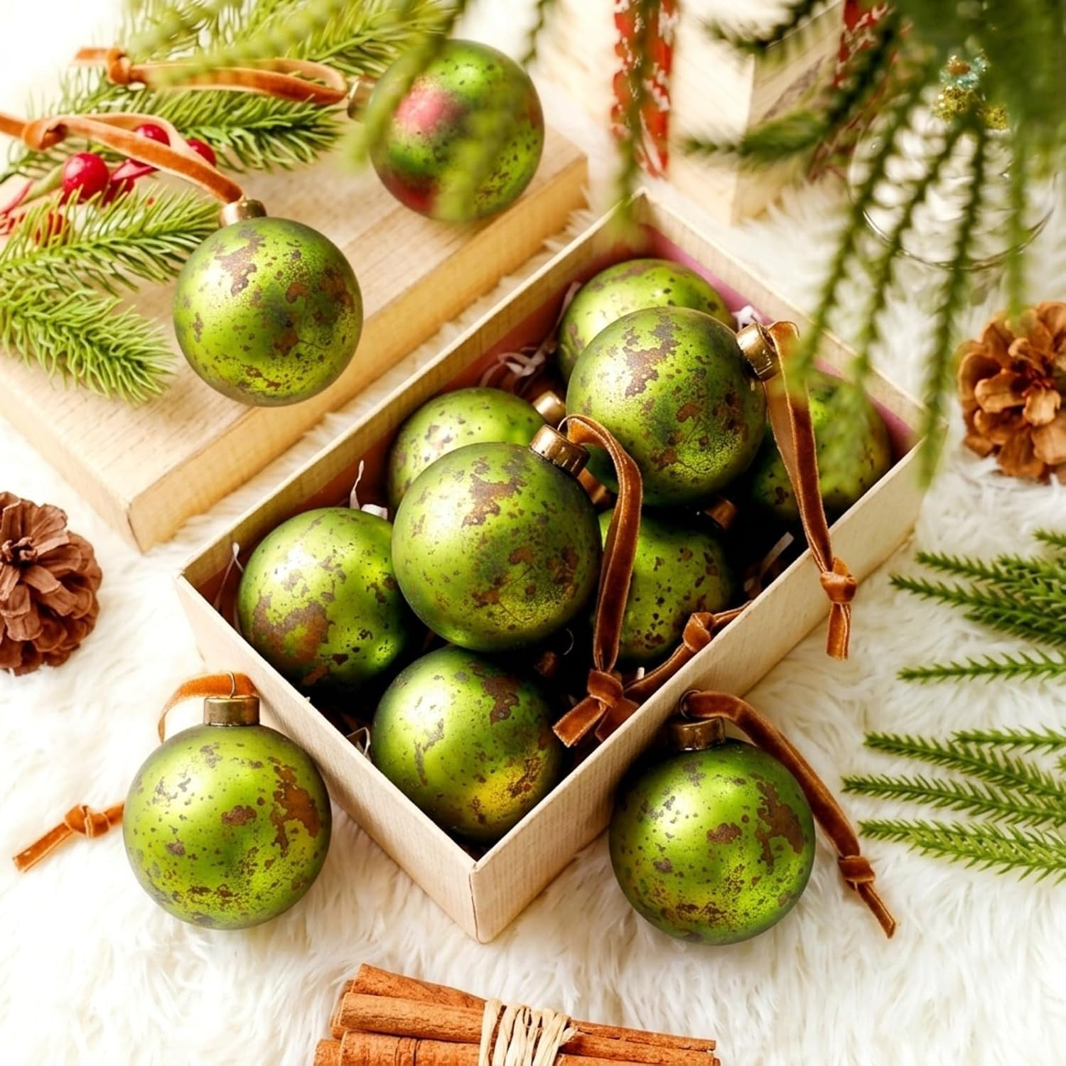 Suncalla 12 Pcs Vintage Rustic Christmas Ball Ornament 2.36 Inch Green | Amazon (US)