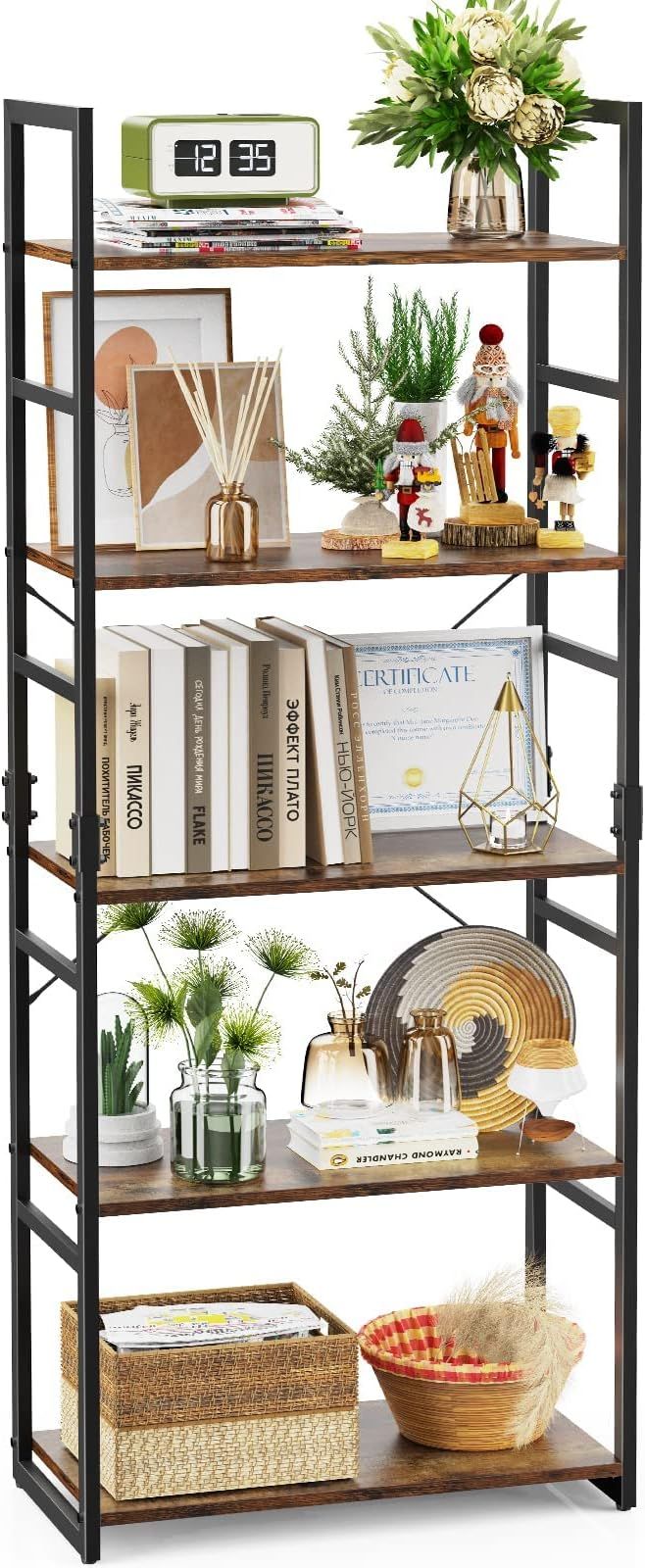 FURNINXS Bookshelf, 5 Tier Bookcase Tall, Storage Ladder Shelf, Standing Shelf for Book/Living Ro... | Amazon (US)