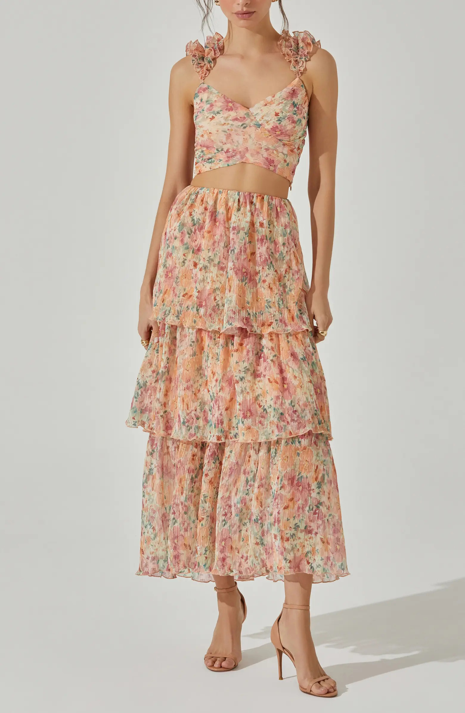 Floral Ruffle Strap Plissé Crop Top | Nordstrom