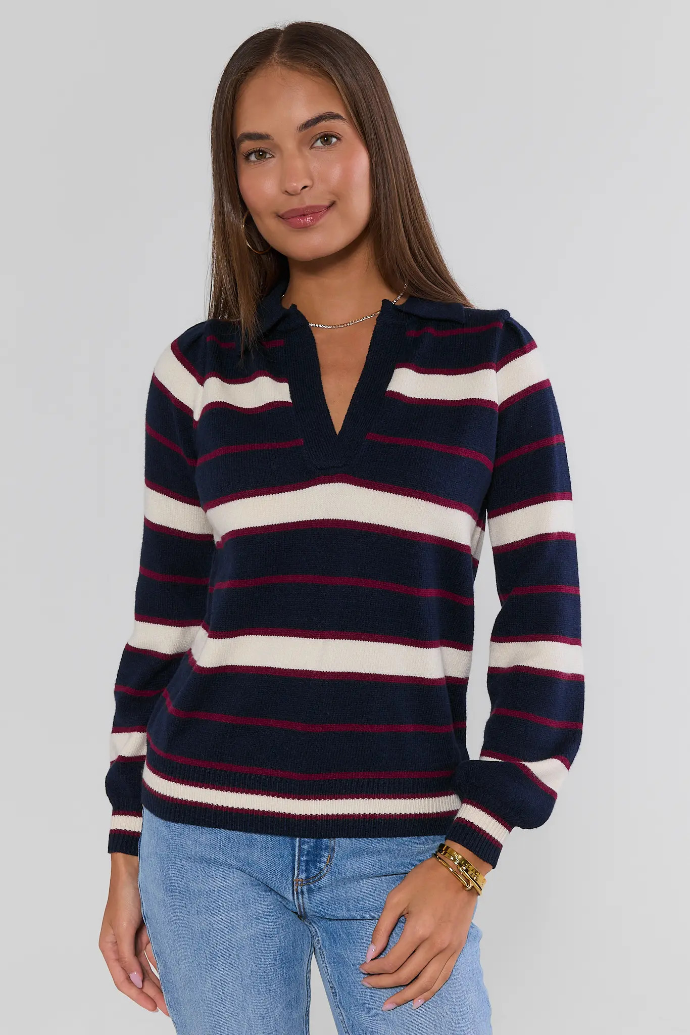 Navy Striped Split Neck Sweater | Avara