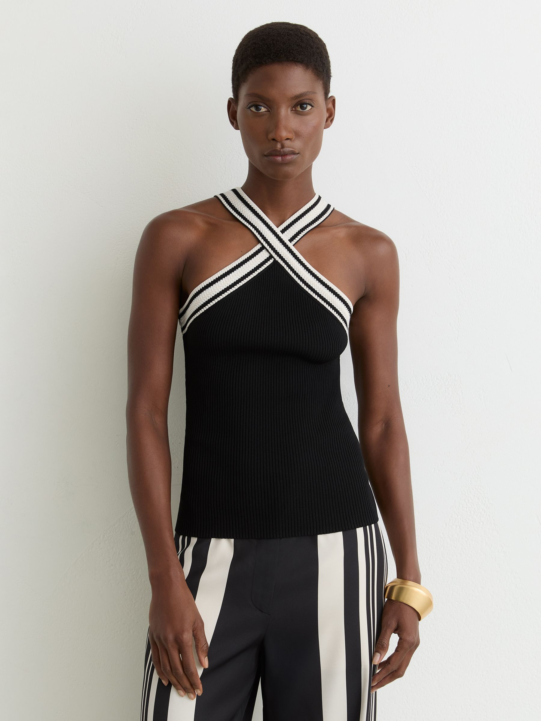 Contrast-Neckline Rib-Knit Top in Black/White | Reiss UK