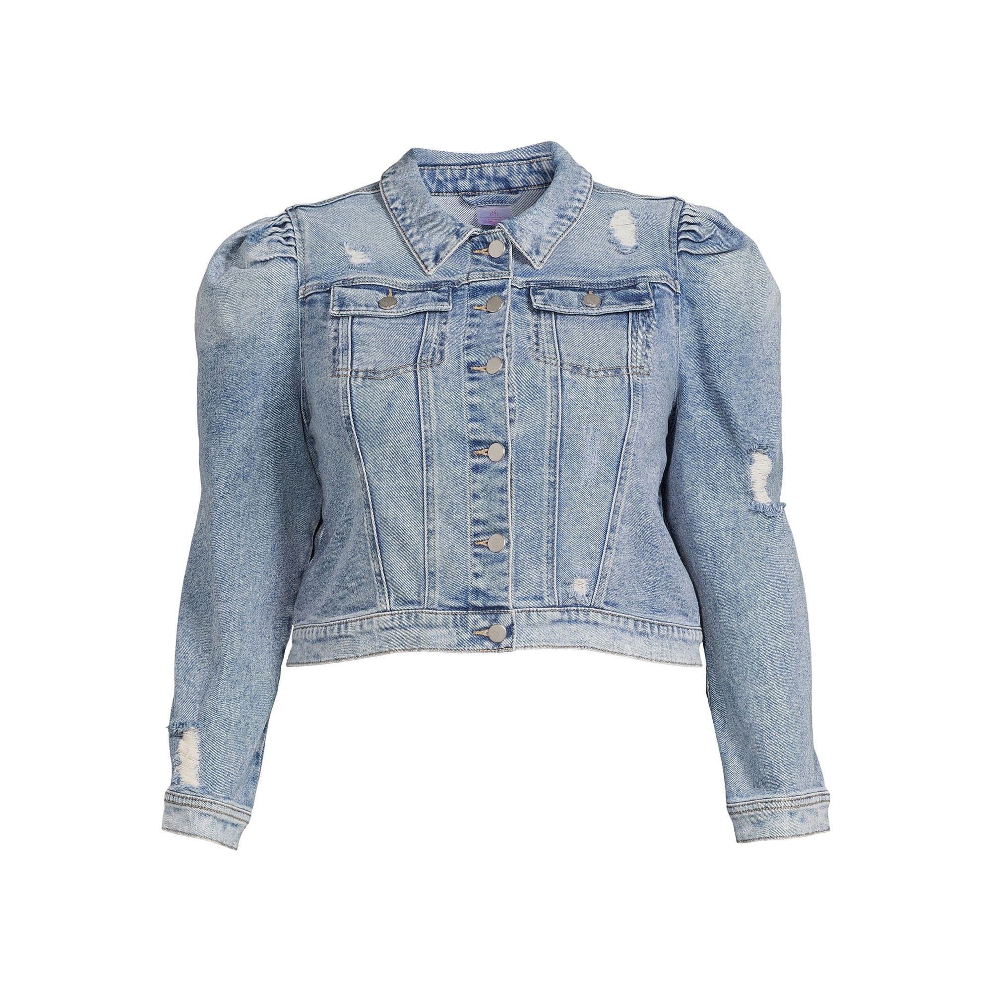 No Boundaries - No Boundaries Juniors' Plus Size Destructed Puff Sleeve Denim Jacket - Walmart.co... | Walmart (US)