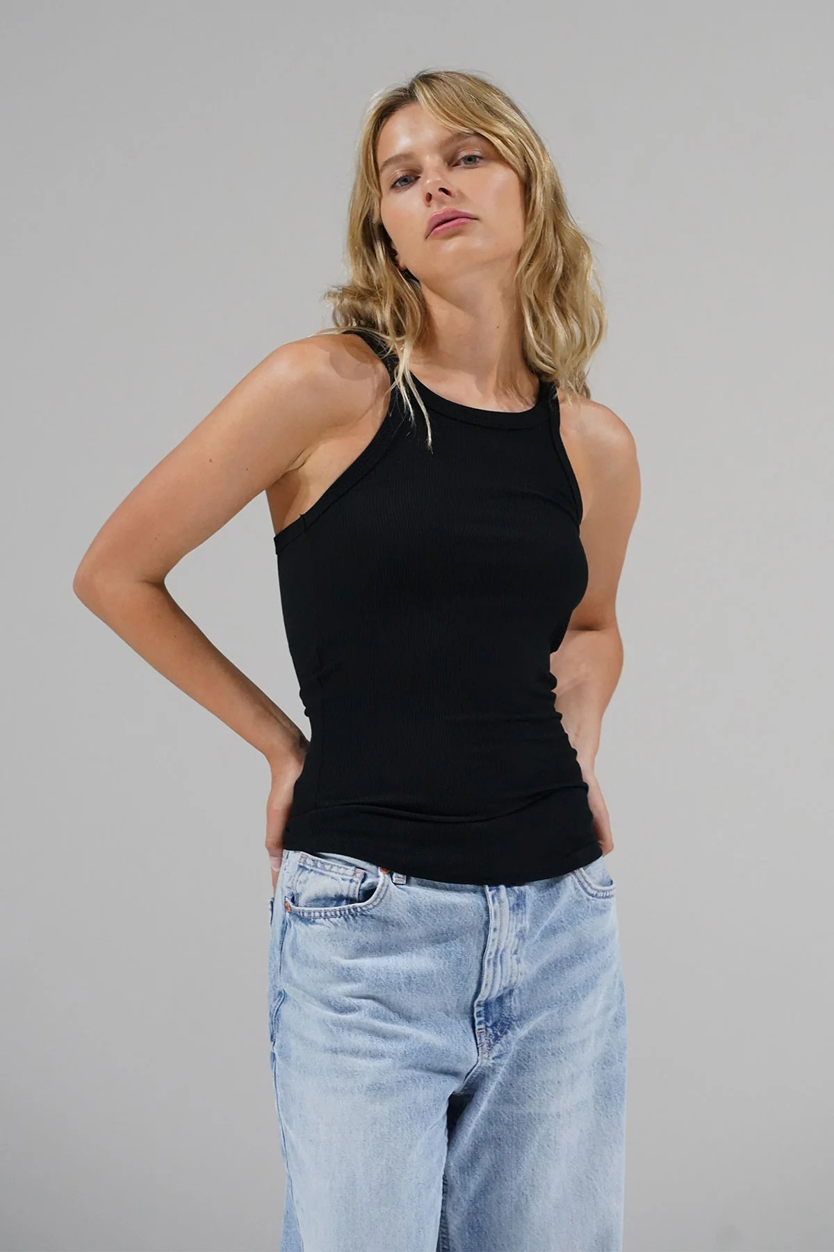 LNA Ribbed Skinny Racer Tank Top in Black | LNA Clothing