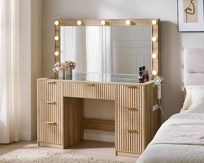AMERLIFE 47.2" Fluted Vanity Desk with Large Mirror and Adjustable LED Lights, 7 Drawers Makeup T... | Amazon (US)
