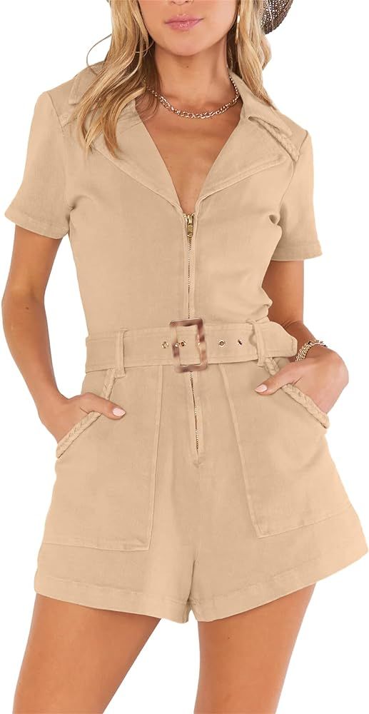 Jeanewpole1 Women's Summer Short Sleeve Rompers Cotton Zip up Belted Short Jumpsuits with Pockets | Amazon (US)