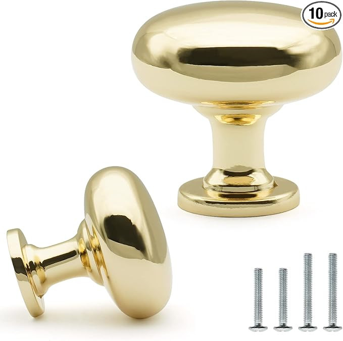FURFITT 10 Pack Polished Brass Cabinet Knobs 1-1/7 Inch(29mm) Diameter Soild Zinc Alloy Gold Roun... | Amazon (US)
