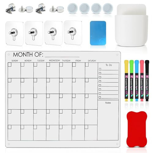 ​​Acrylic Magnetic Calendar for Fridge with N52 Magnets -14x11'' Dry Erase Calendar for Wall- to-Do List, Notes Section, Marker Holder, Chalk Markers -Nano Wall Hangers for Non-Magnetic Surfaces | Amazon (US)