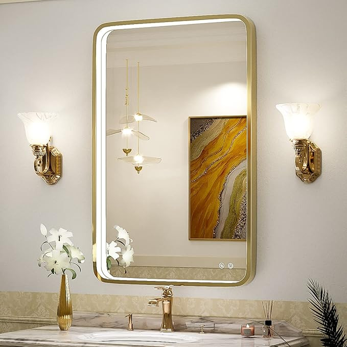 36x24 Inch LED Bathroom Mirror with Lights,Gold Metal Frame Wall Mounted Lighted Vanity Mirrors f... | Amazon (US)