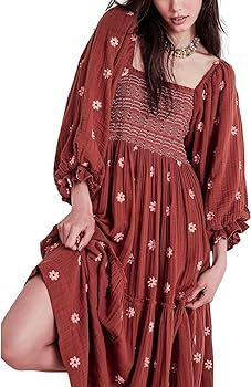 Chloefairy Women's Flower Embroidered Maxi Dress Lantern Sleeve Square Neck Tiered Flowy Spring F... | Amazon (US)