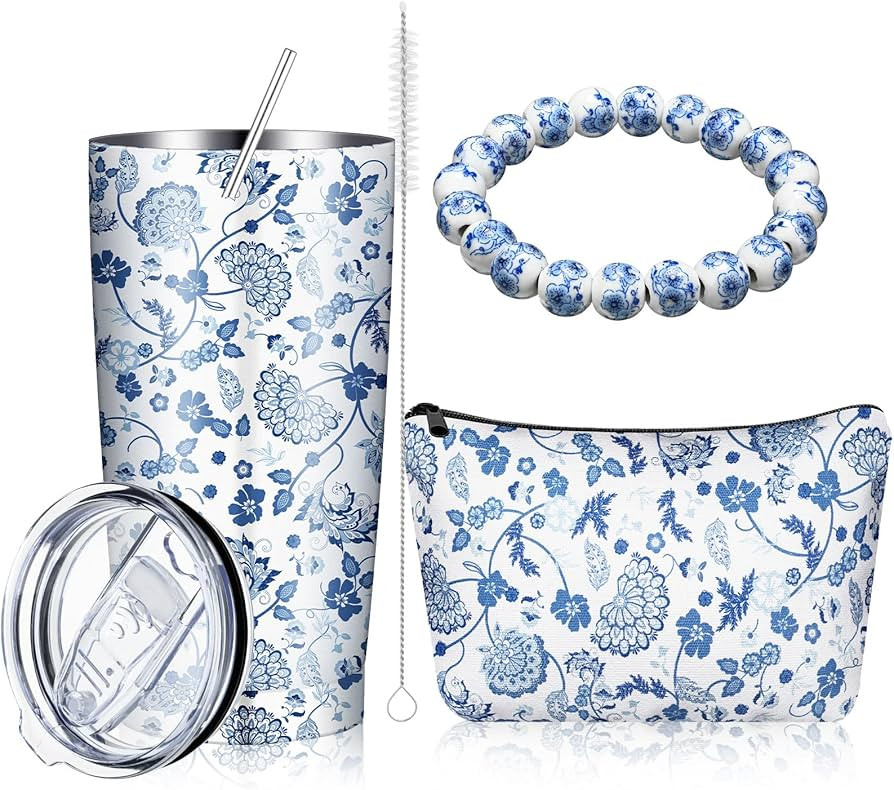 Gifts for Women 3 Pcs Chinoiserie Blue and White Floral Gifts Set Include 20oz Insulated Tumbler ... | Amazon (US)