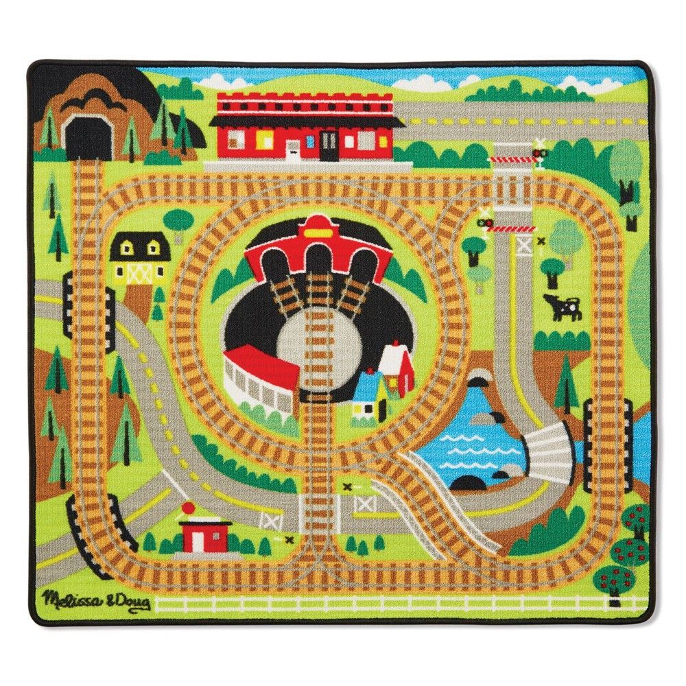 Melissa & Doug Round the Rails Train Rug With 3 Linking Wooden Train Cars (39 x 36 inches) | Target