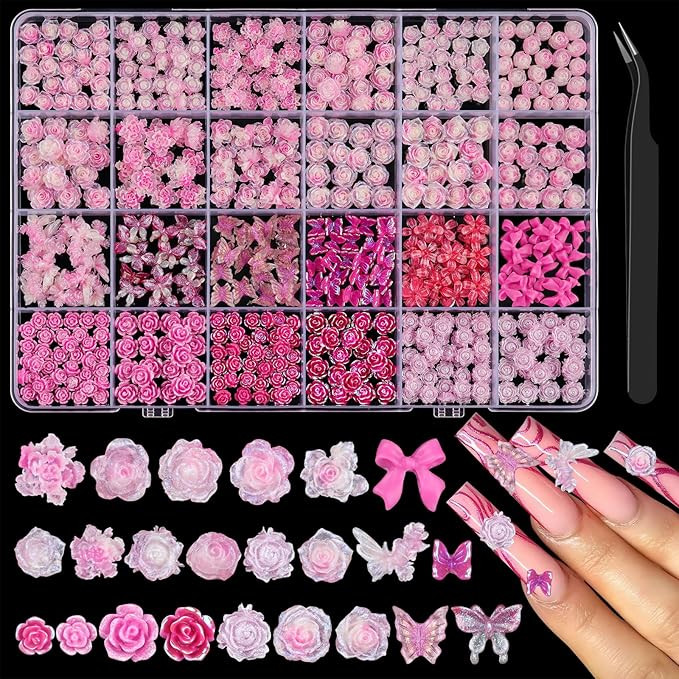 460 Pieces Dreamy Rose Camellia Flower Nail Charms 3D Cute Butterfly Bow Charms for Nails, Pink B... | Amazon (US)