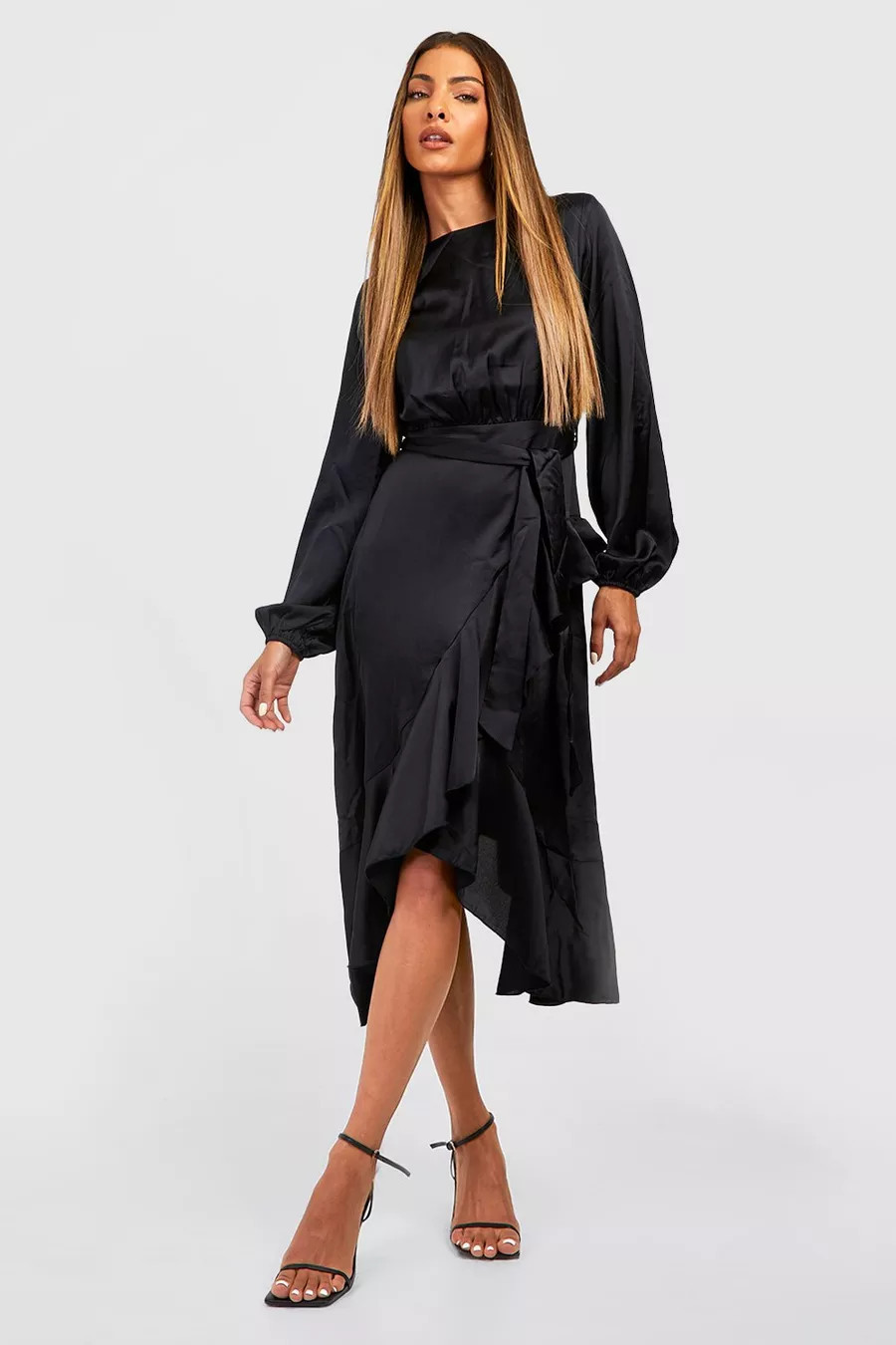 Long Sleeve Satin Frill Wrap Midi Dress | Boohoo.com (US & CA)