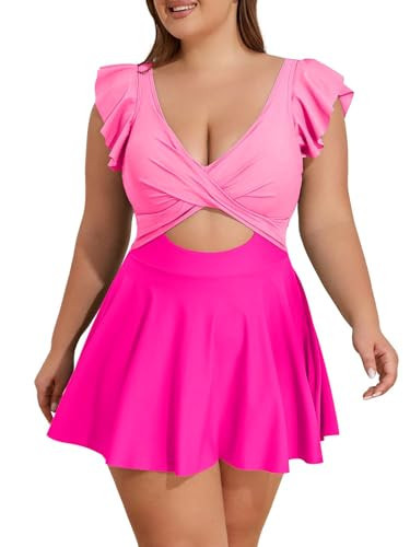 B2prity Women's Plus Size Swimsuit Tummy Control One Piece Swimdress Ruffle V Neck Cutout Wrap Bathing Suit with Skirt | Amazon (US)