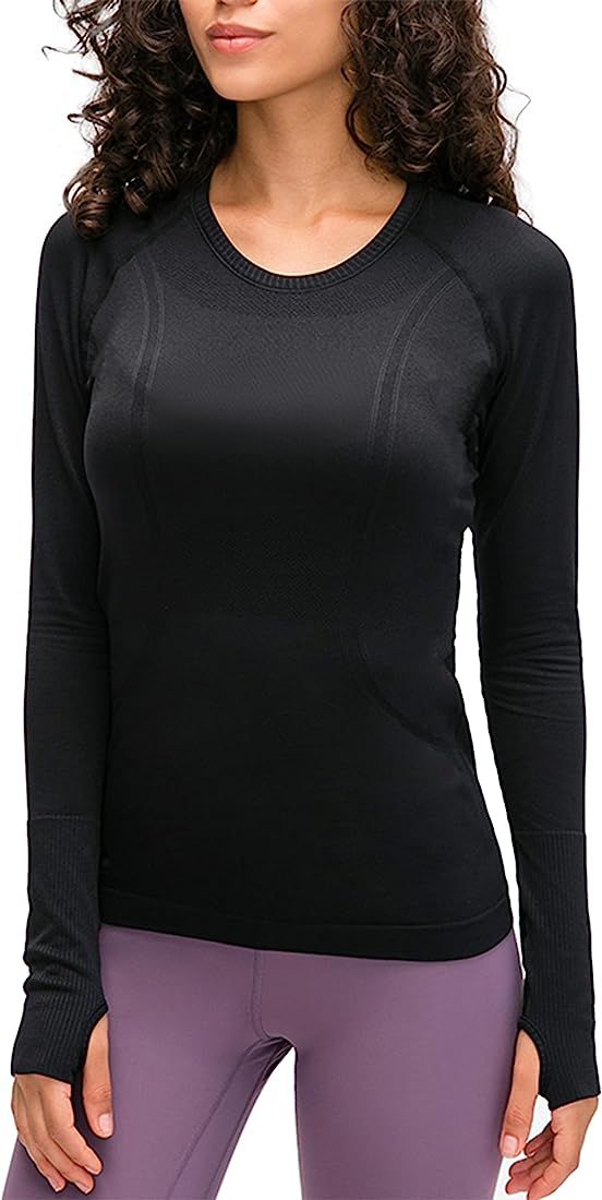 Women's Long Sleeve Yoga Tshirts with Thumb Holes Workout Running Sports Gym Shirt Breathable Athlet | Amazon (US)