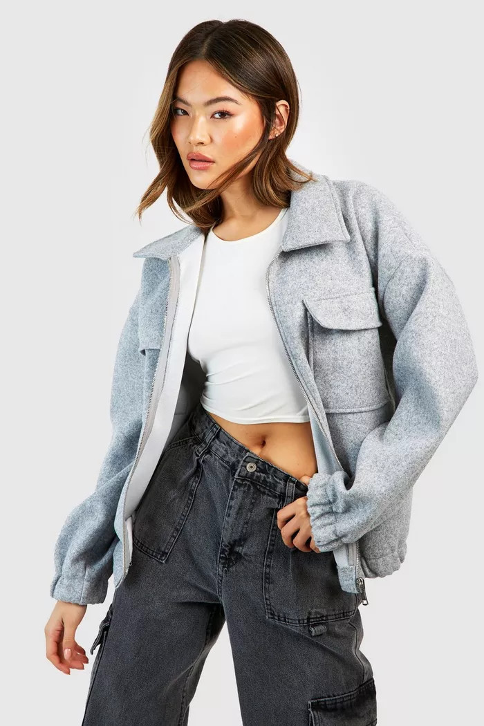 Wool Look Pocket Detail Oversized Bomber Jacket | Boohoo.com (UK & IE)