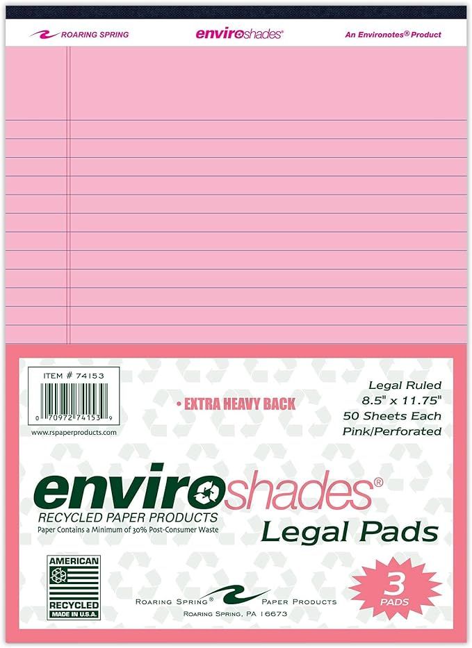 Roaring Spring Enviroshades Recycled Legal Pads, 3 Pack, 8.5" x 11.75" 50 Sheets, Pink | Amazon (US)