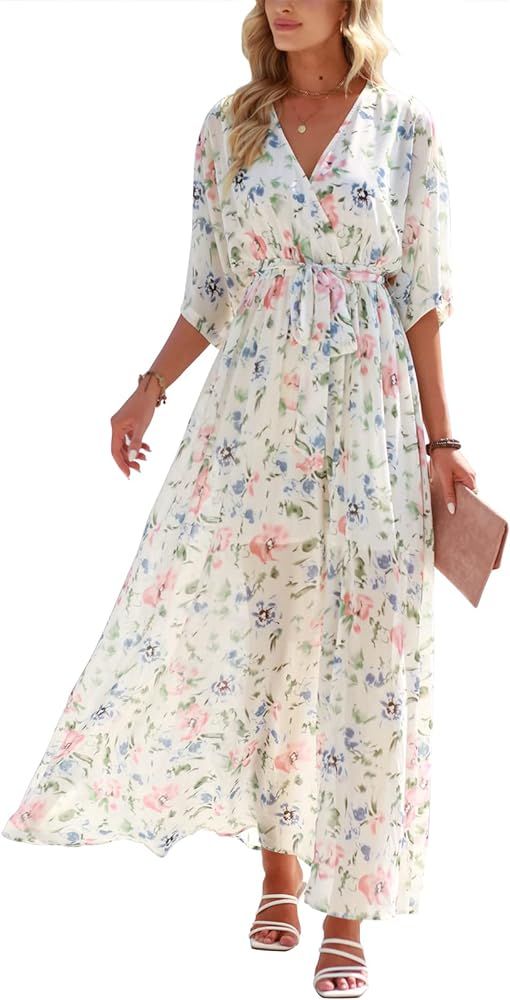 ANRABESS Women’s Summer Loose Boho Flowy Wrap V Neck 3/4 Sleeve Floral Print Slit Beach Wedding... | Amazon (US)
