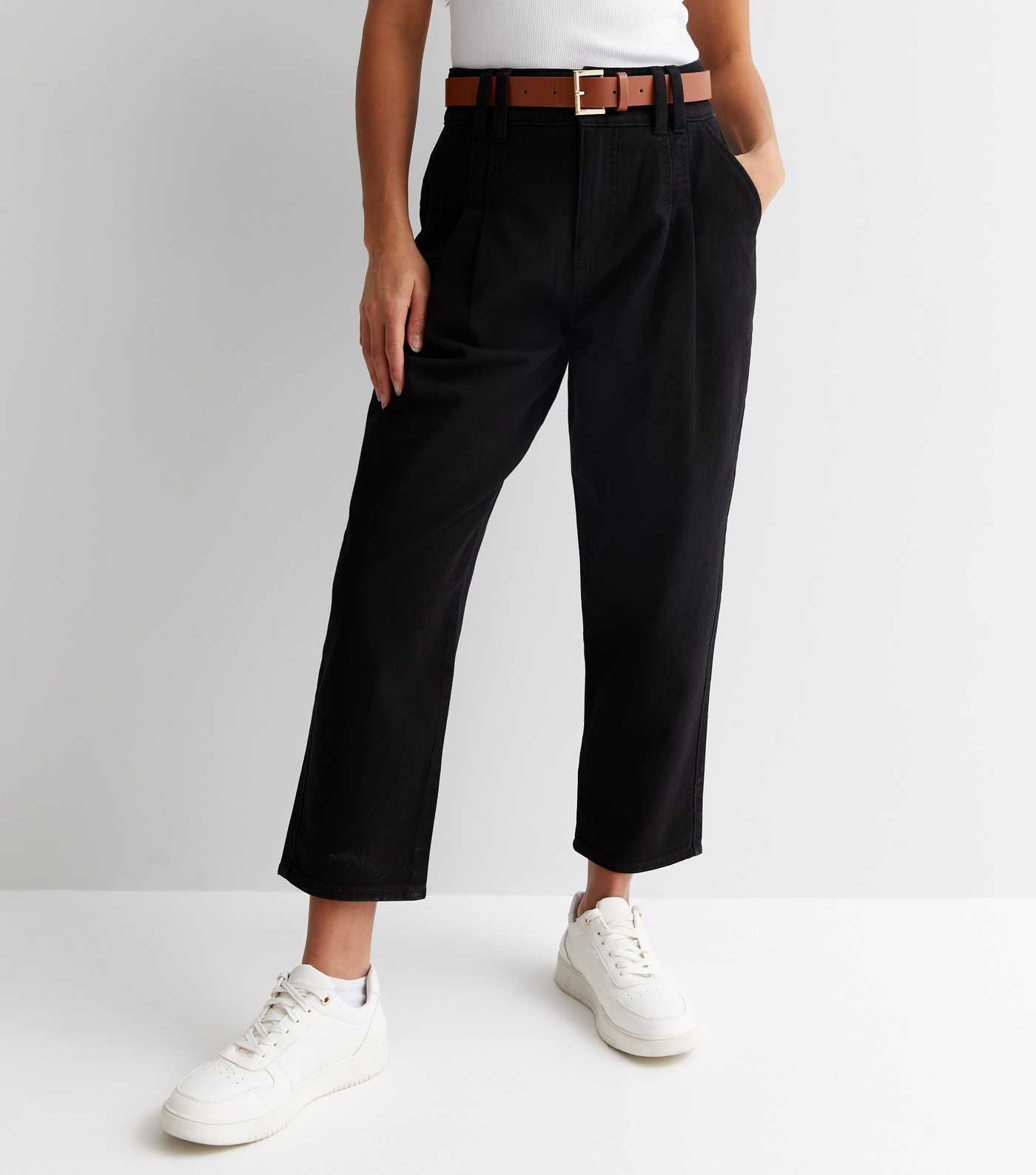 Petite Black Cotton Belted Crop Trousers
						
						Add to Saved Items
						Remove from Saved ... | New Look (UK)