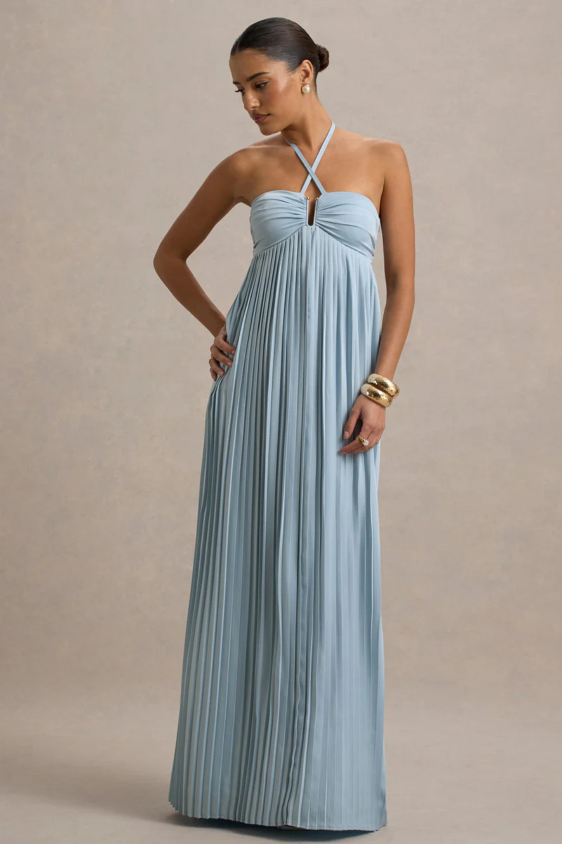 Elayne  Powder Blue Halter-Neck Maxi Dress With Cut-Out Detail | Club L London