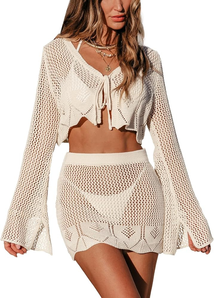 CUPSHE Women Crochet Swimsuit Cover Up Set Long Sleeve 2 Piece Summer Bathing Suit Beach Outfit K... | Amazon (US)