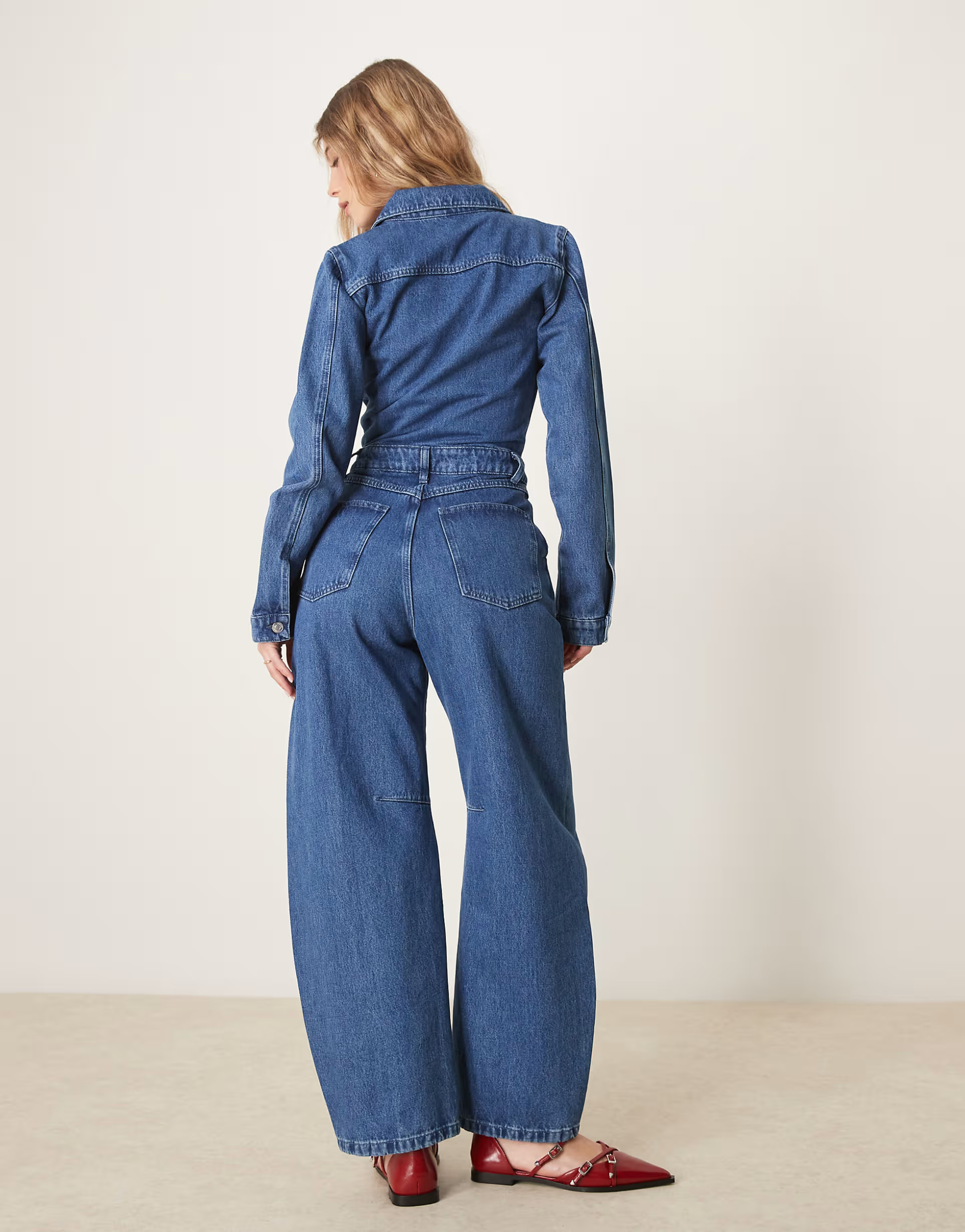 ASOS DESIGN denim barrel leg long sleeve jumpsuit in indigo | ASOS (Global)