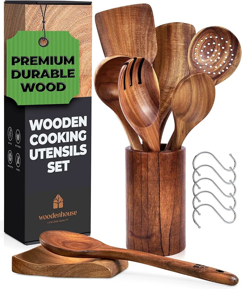 Wooden Spoons for Cooking, Wooden Cooking Utensils Set, Wooden Utensil Set with Holder, Spoon Res... | Amazon (US)