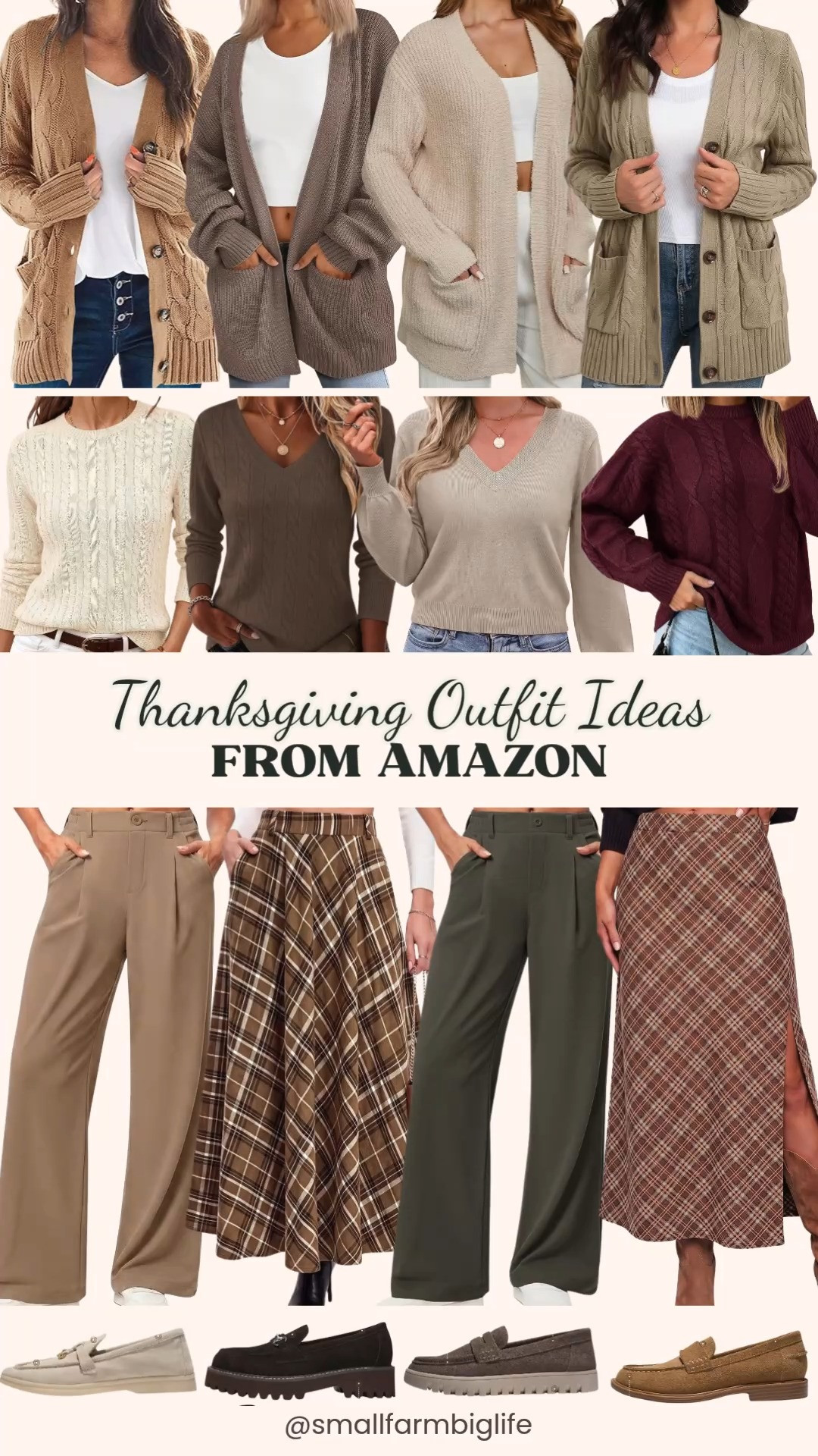 🦃 Thanksgiving Outfit Ideas From Amazon

These Thanksgiving outfit ideas are built around cozy cardigans, cable knit sweaters, and comfortable suede loafers, for a relaxed holiday look that still feels put together. Start with khaki high waisted wide leg pants or olive green pull on wide leg trousers, or choose a brown plaid maxi skirt with pockets or a cinnamon and khaki plaid A line maxi skirt with a side slit. Add a light khaki cropped V neck sweater, a wine red chunky cable knit crewneck, a light brown cable knit V neck, or a cream lightweight cable knit pullover, then layer on a cardigan for chilly fall days: a khaki cable knit cardigan with pockets, a beige open front cardigan, a camel chunky button down coatigan, or a nutmeg oversized long cardigan. For fall shoes, these genuine suede loafers have memory foam insoles and come in chestnut, mushroom, light sand, and a chocolate chunky platform style with horsebit detail, so you'll be comfortable from Thanksgiving dinner through the long weekend. Soft layers, easy elastic waists, and cushioned flats make these great fall outfits for women over 50, and they work just as well for the office and for holiday travel.

#amazonfashion #amazonfinds #thanksgivingoutfit #fallcardigan #falloutfits #loafers 

 #LTKootd #LTKOver40 #LTKWorkwear