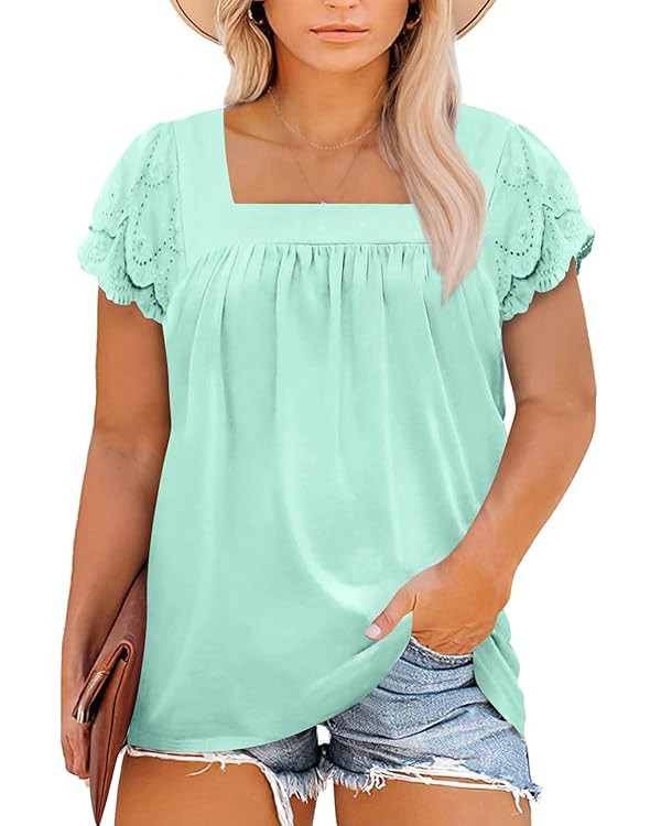 Eytino Womens Plus Size Tops Ruffle Short Sleeve Square Neck Summer Loose Casual Tee Shirts(1X-5X... | Amazon (US)